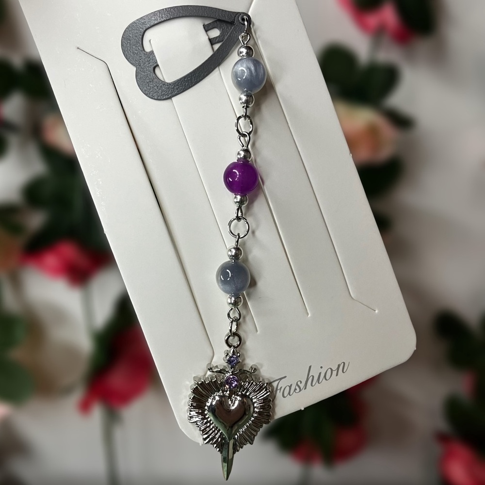 Sacred Heart Purple Rhinestone Accent Charmed Grey Heart Shape Barrette Handmade